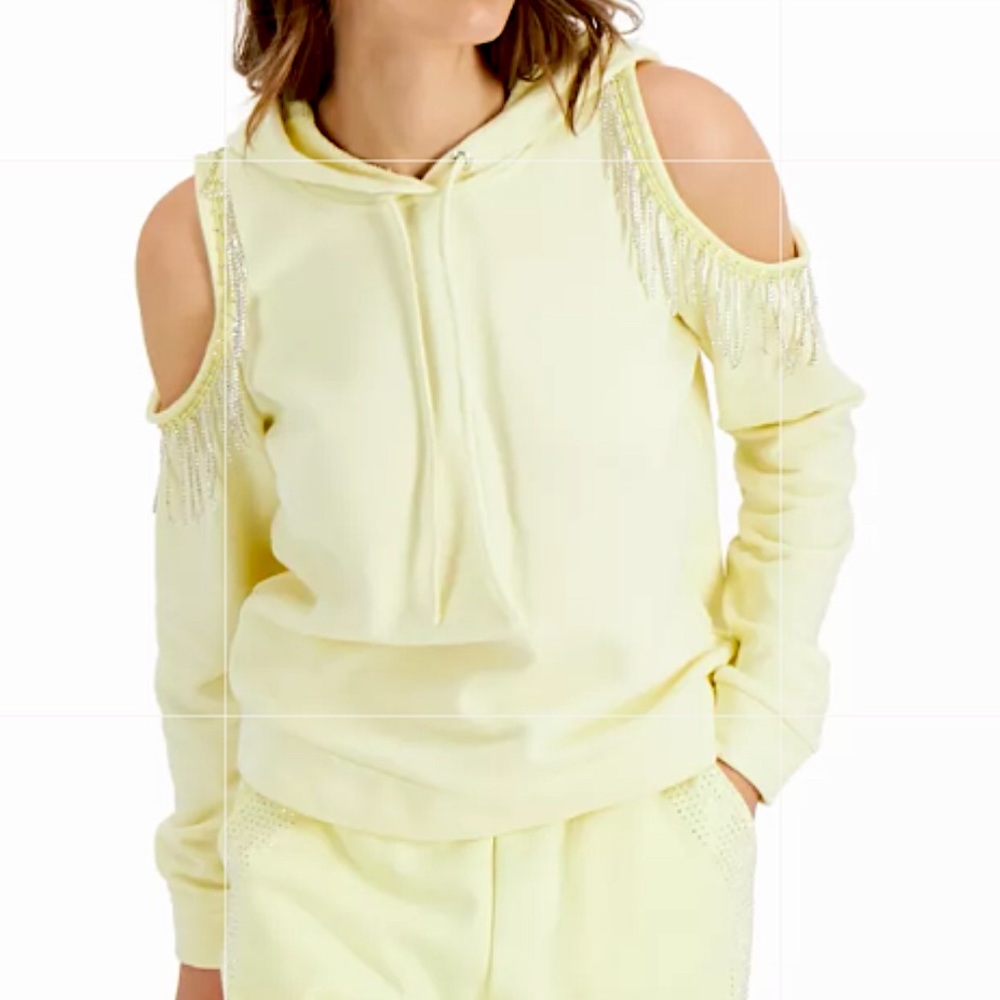 INC COLD-SHOULDER RHINESTONE FRINGE HOODIE